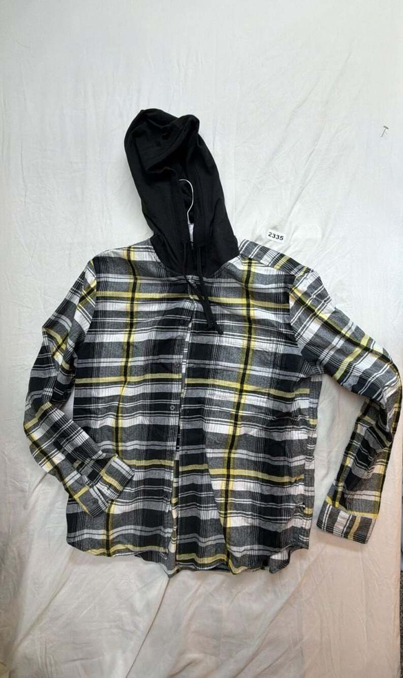 Edgar + Ash Hooded Flannel Shirt Size L Black Yellow Plaid